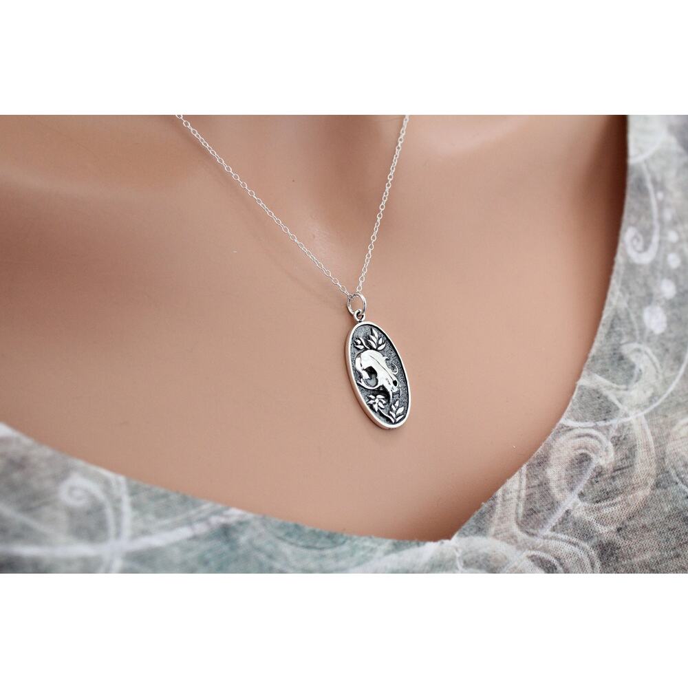 Sterling Silver Flower and Cat Skull Pendant Necklace